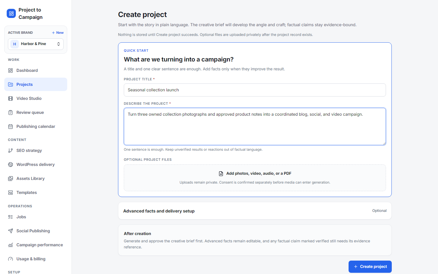 Project to Campaign intake with a fictional Harbor and Pine seasonal collection brief